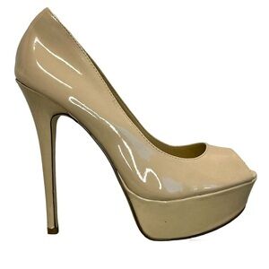 Aldo light beige tan brown patent platform stiletto high heel pumps Sz 39/8.5
